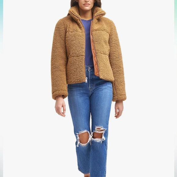 Levi's Women's Breanna Puffer Jacket Brown Sherpa Teddy Fuzzy Size S - Picture 3 of 10